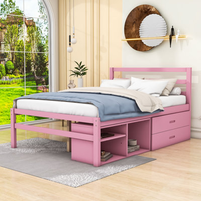 Two Drawers Wooden Platform Bed with Removable Storage Shelves