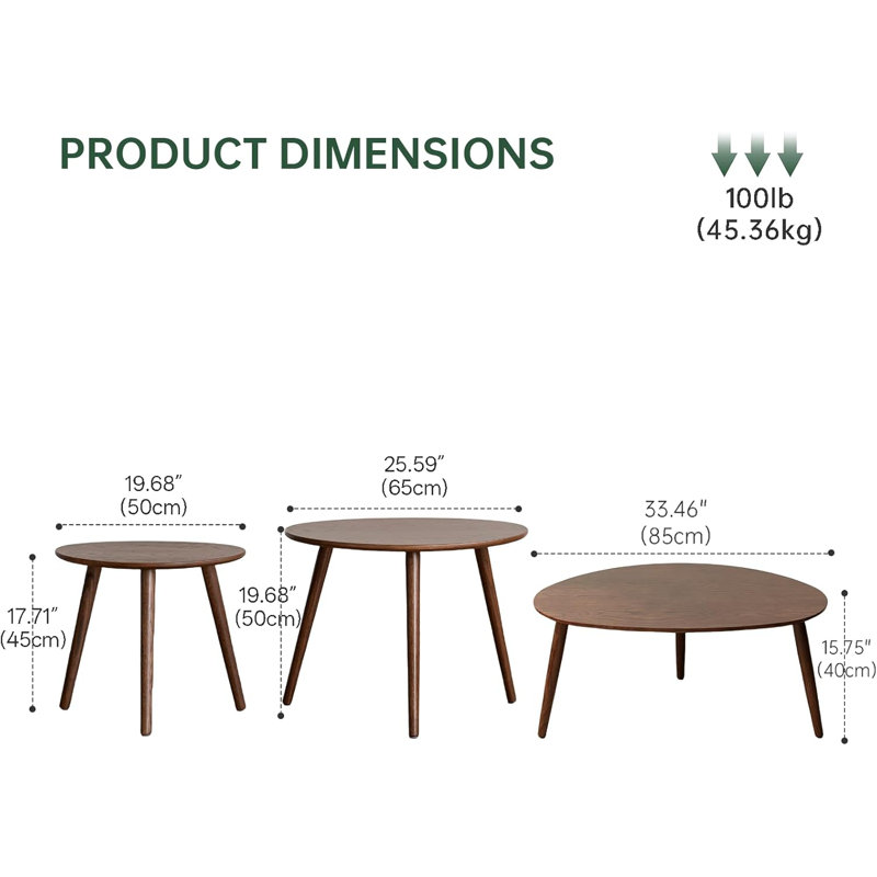 Solid Wood Three Leg Coffee Table, Brown Oak