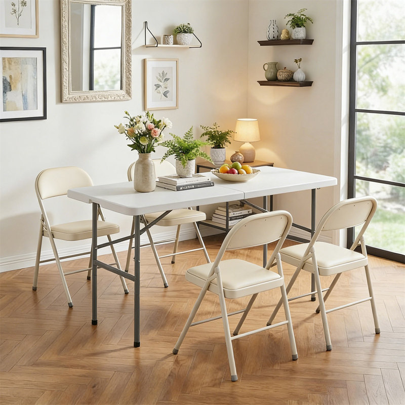 4FT Folding Table Set With 4 Chairs – Portable Foldable Furniture Set For Camping, Parties, Indoor & Outdoor Use, Beige