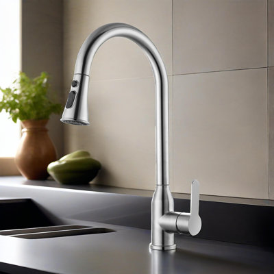 Robinets de cuisine en nickel brossé à poignée simple High Arc avec douchette rétractable