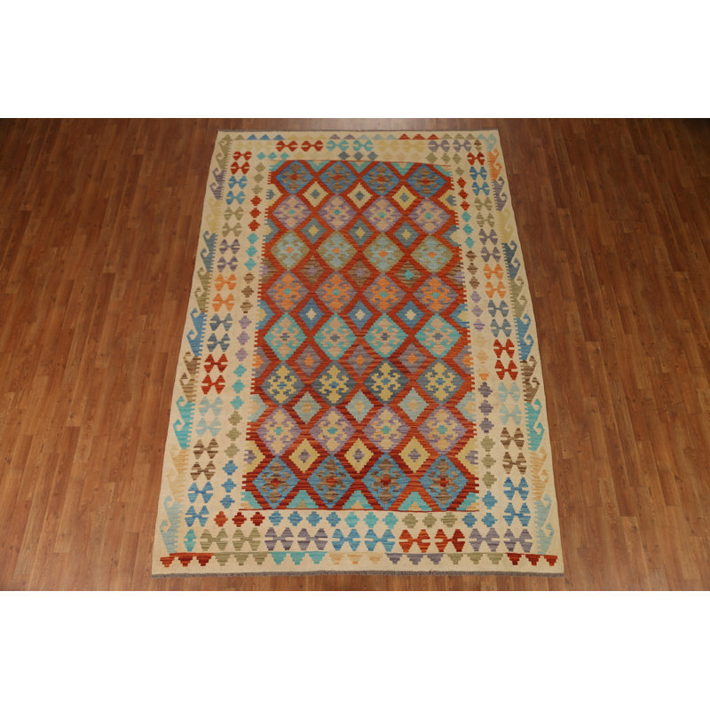Tapis bleu / rouge / beige oriental en laine tissé à plat à la main 6 pi 9 po x 9 pi 8 po