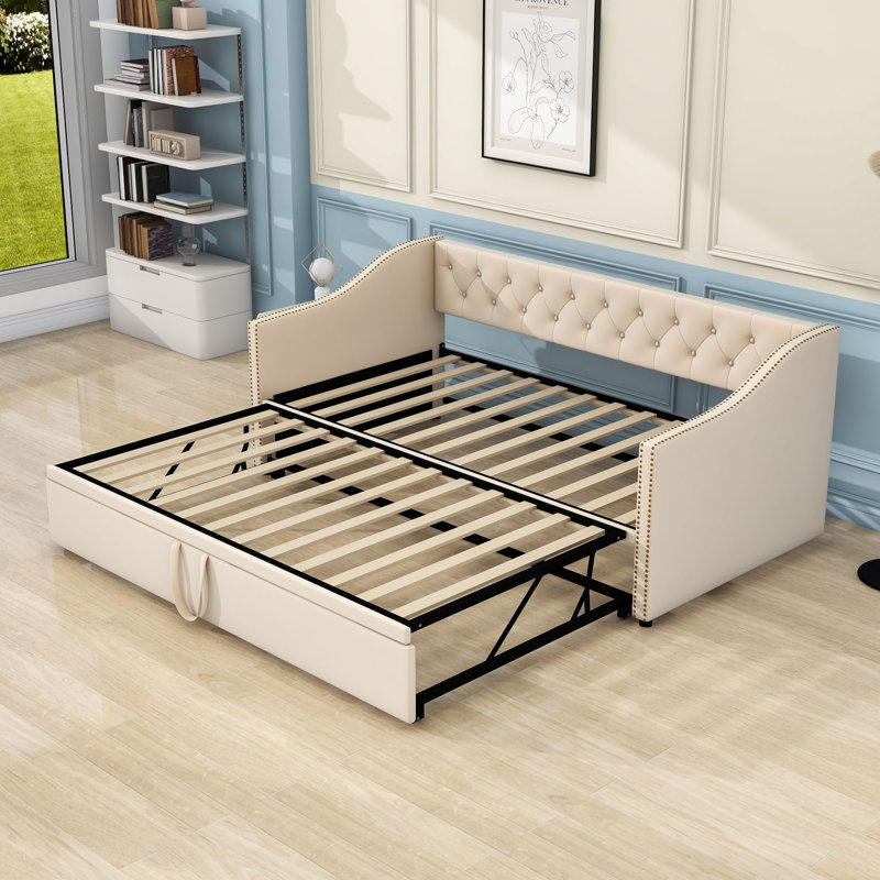 Hokulani Luxurious Twin Velvet Daybed with Twin Trundle and Slats, Beige