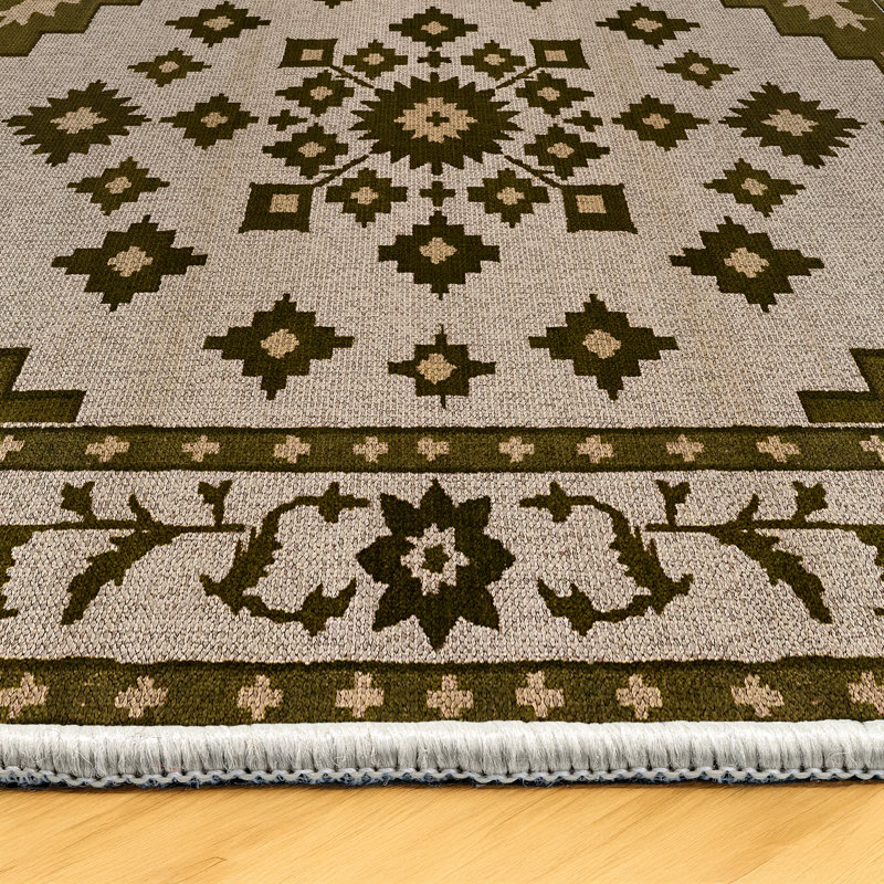 Isabel Collection Digital Print Cotton-Polyester Beige Brown Moroccan Rug, Rectangle 5'3" x 9'11"