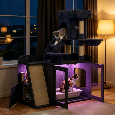 Enceinte de litière noire avec arbre à chat, tour à chat modulaire tout-en-un avec lumière DEL, planche à gratter en sisal et espace de rangement