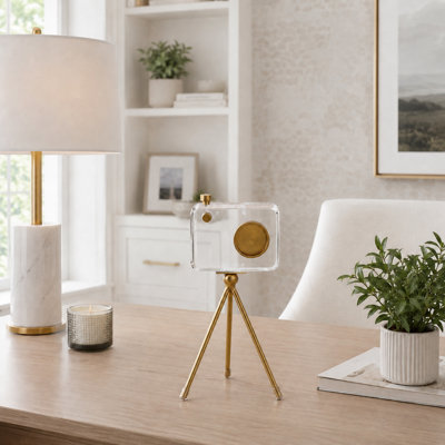 Objets décoratifs en acrylique et laiton inspirés de l'appareil photo pour la décoration intérieure - Figurine moderne pour décor de table de salon - 10 po, or et transparent
