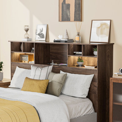 Bookcase Headboard With Charging Station & 2 Led Lights