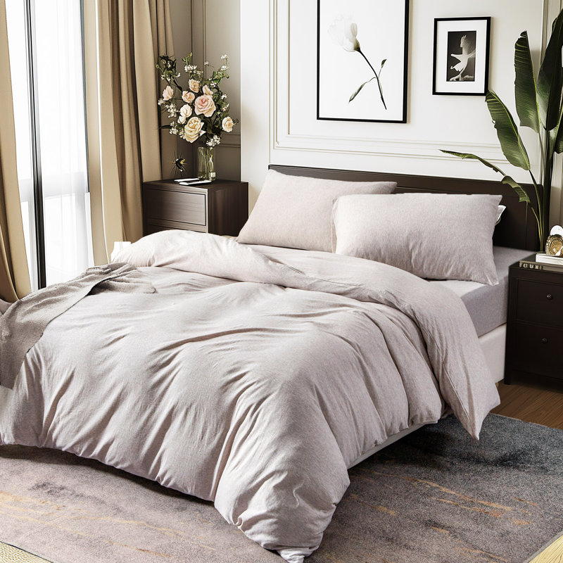 HOME BEDDING Jersey Cotton Duvet Cover Set, Beige, Queen Duvet Cover + 2 Standard Shams