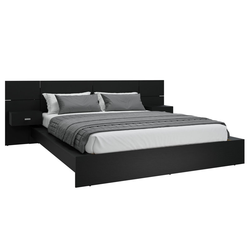 Zen Omega Bedroom - Platform Bed with Headboard and Nightstands (2) – Easy Assembly, No Box Spring Required, Black, Queen