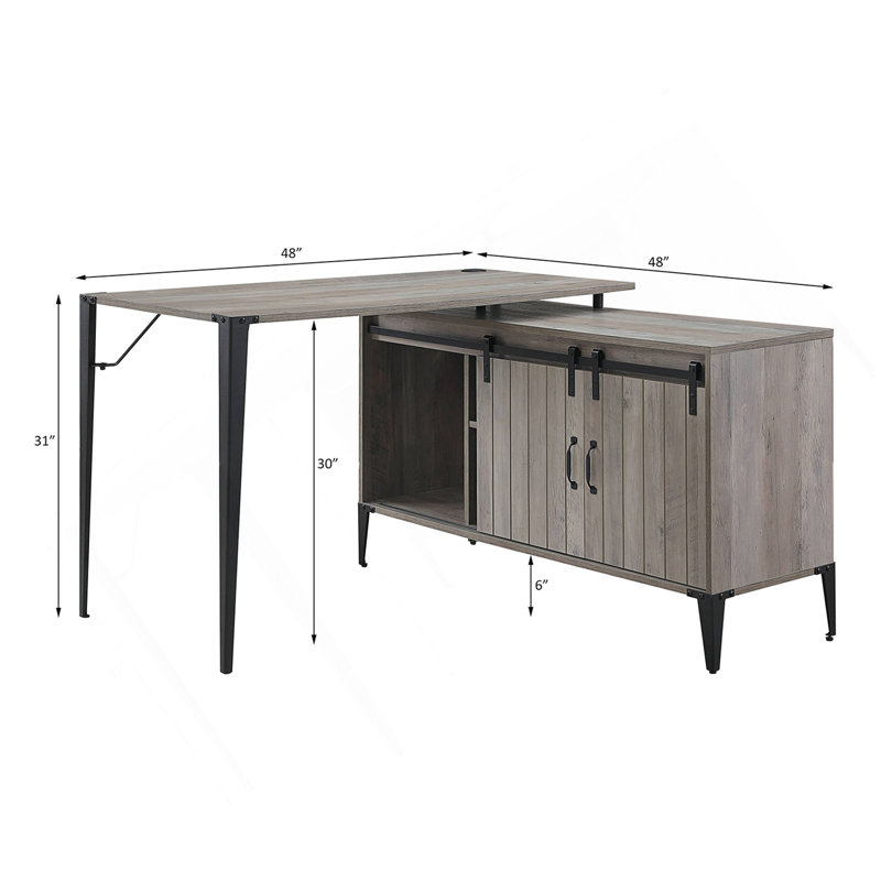 L-Shape Writing Desk With Side Cabinet, Gray And Black, Gray