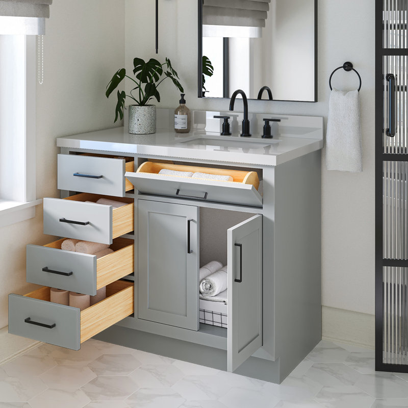 Meuble-lavabo simple en bois massif 42 po Tidworth avec plateau en quartz blanc 1,5 po, Oui, Forme rectangulaire, Gris