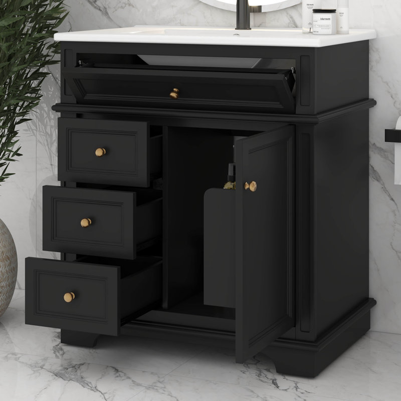 Meuble-lavabo de salle de bain 30 po avec lavabo, meuble-lavabo de salle de bain avec 3 tiroirs et tiroir coulissant, organisateur de porte, fermeture en douceur, structure en bois massif