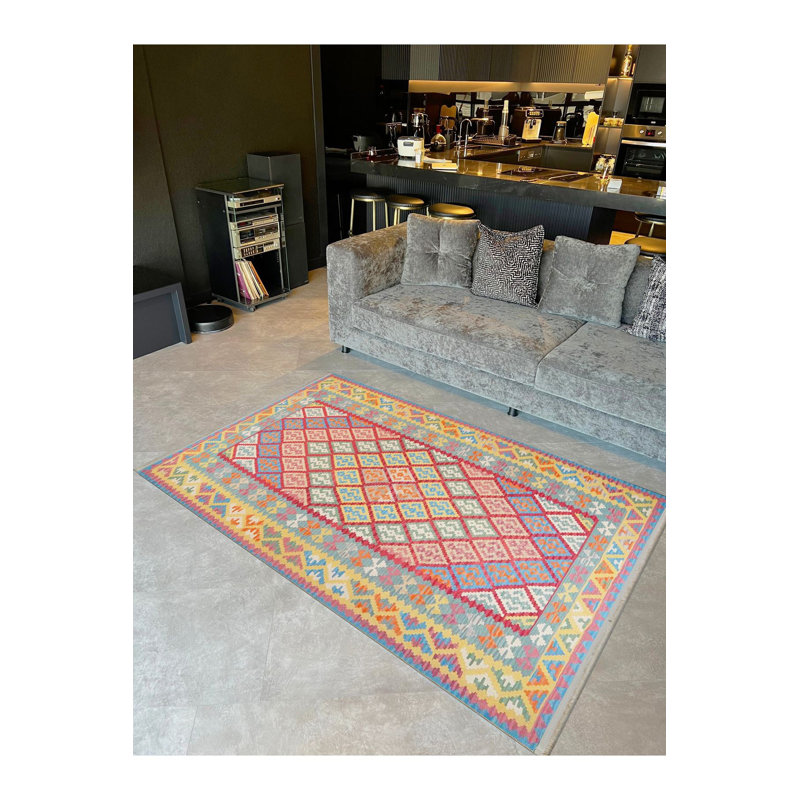Tapis décoratif multicolore à cadre tissé jaune Northern Collection, Sous-tapis rectangulaire de 3 pi 3 po x 4 pi 11 po