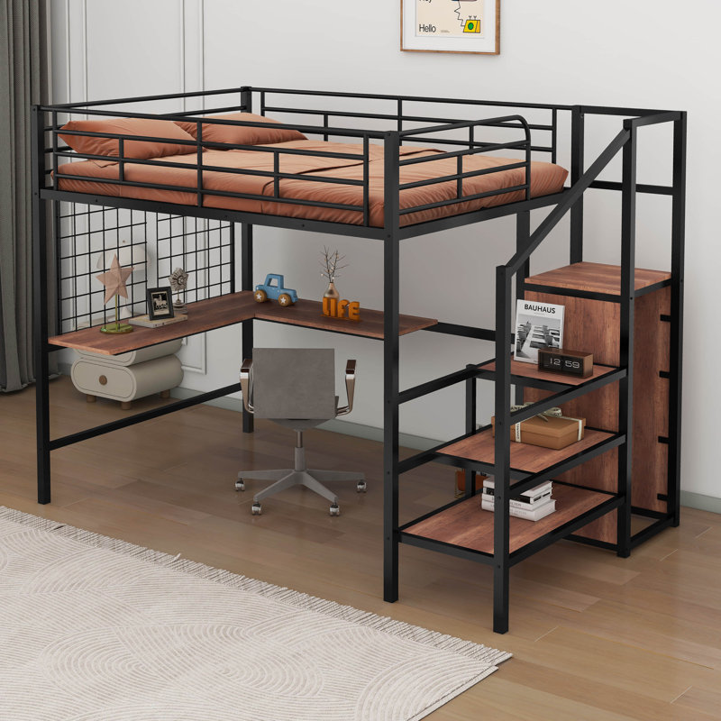 Metal Loft Bed With Desk,Metal Grid, Lateral Storage Ladder And Wardrobe, Black, Full