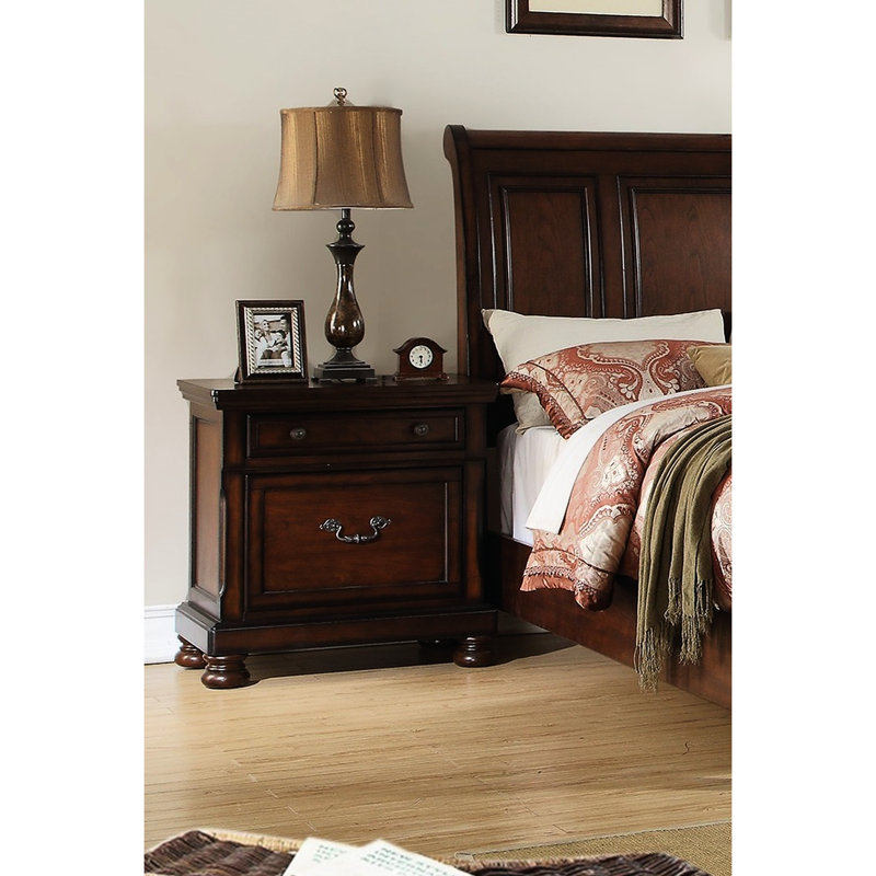 Table de chevet moderne en cerisier avec 2 tiroirs de rangement pour chambre à coucher