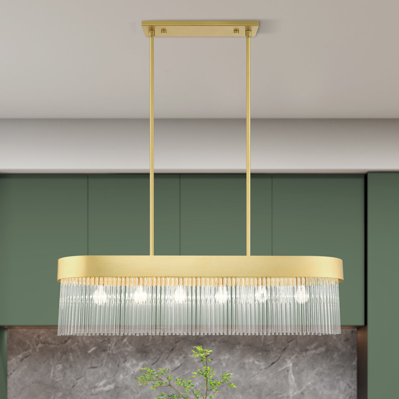 Luminaire suspendu linéaire à 6 lumières pour îlot de cuisine avec détails en cristal Bamey, Doré clair