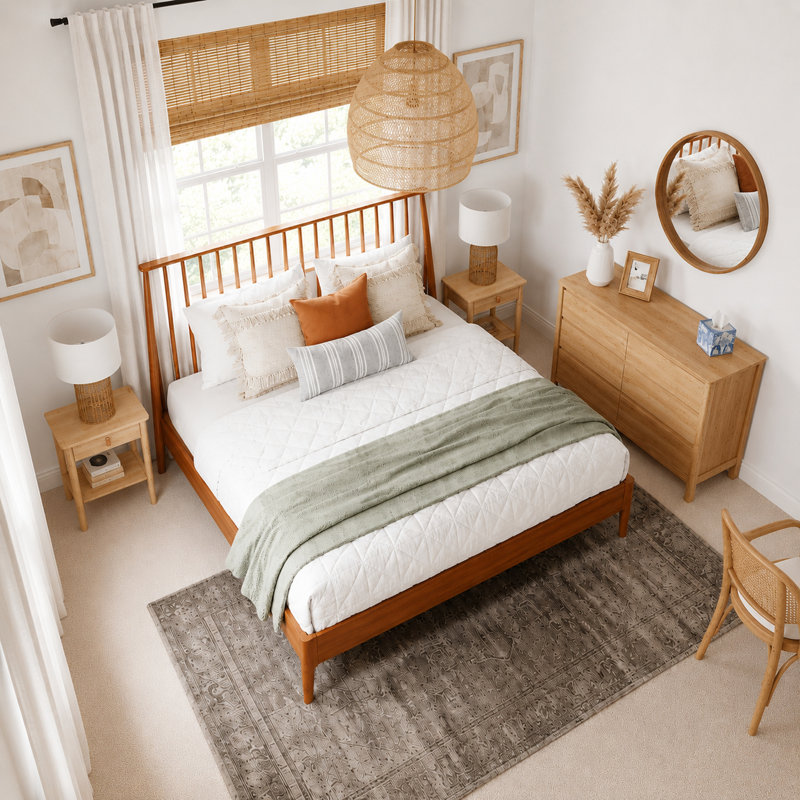 Mid-Century Modern Boho Spindle Platform Bed with 46.5" Tall Headboard,   Solid Bamboo Wood Bed Frame with Wooden Slats & Metal Support, No Box Spring Needed, Brown, King