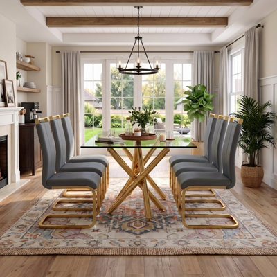 Modern Glam 7-Piece Tempered Glass Dining Set with Faux Leather Chairs