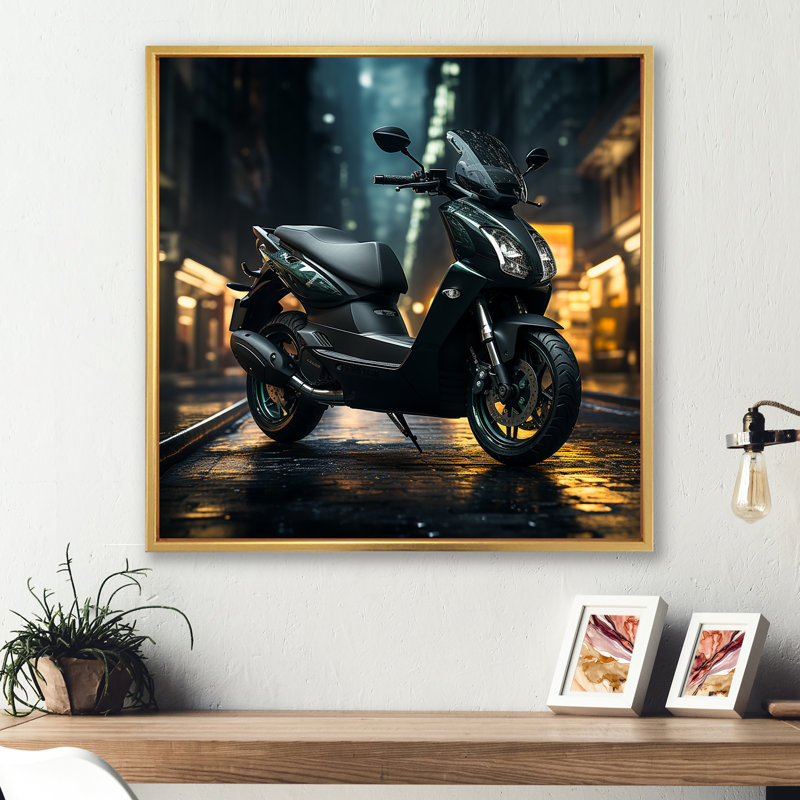 «Night Streets And Scooters II», reproduction sur toile, Cadre flottant doré, H 16 po x l 16 po x P 1 po