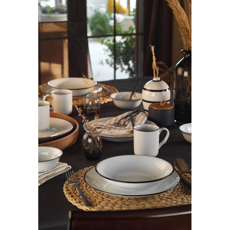 Abreu Porcelain China Dinnerware Set 16 Piece - Service for 4, White/Black