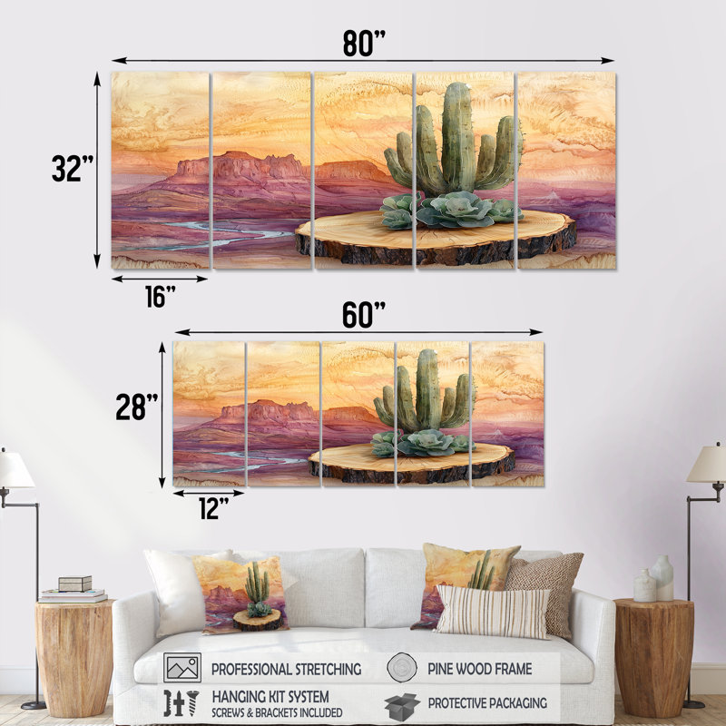 Cactus du désert sur un plateau en bois I - Cactus floral - ensemble de décorations murales traditionnelles, 5