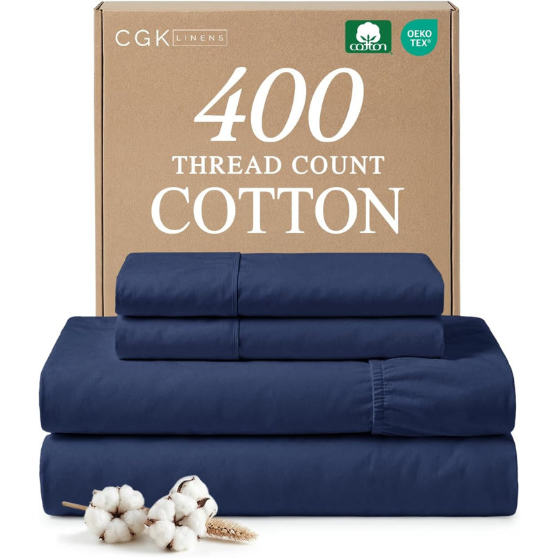 100% Cotton Sheet Set, 400 Thread Count Hotel Luxury Bedding, Soft & Breathable Bed Sheets, 4 Piece Set, Navy Blue