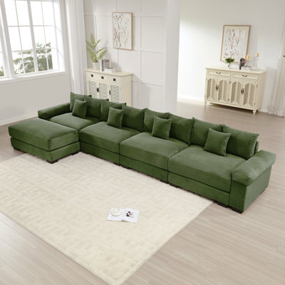 Canapé modulaire en L surdimensionné de 170 po en forme de L modulaire, tissu en velours côtelé doux, avec repose-pieds, accoudoirs larges à assise profonde, conception ergonomique, 12 coussins décoratifs, assemblage facile, pour les salons, vert