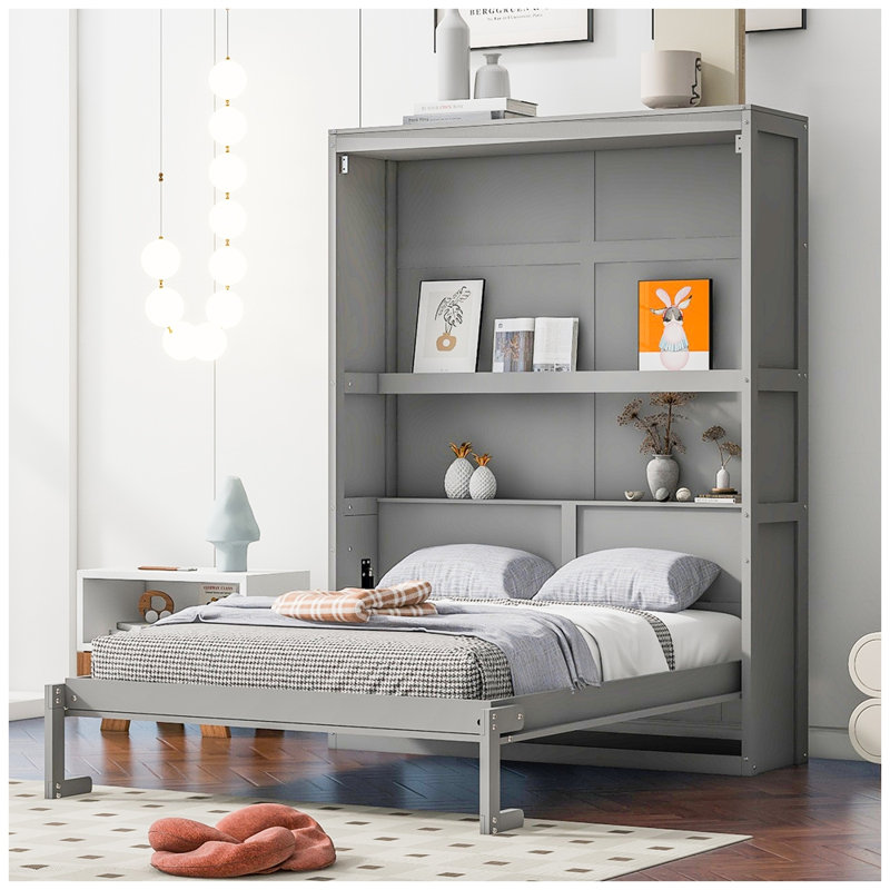 Modern Murphy Bed Wall Bed with Shelves, Gray, Full / Double