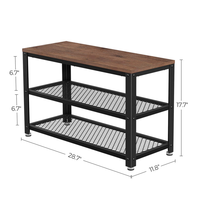 3-Tier Shoe Bench with Metal Mesh Shelves, Brown and Black
