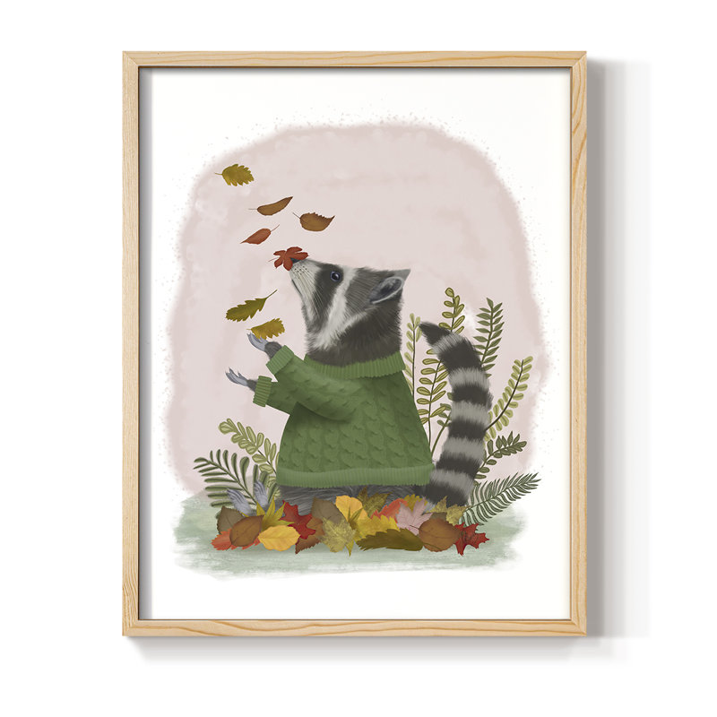 «Raccoon Catching Leaves», reproduction encadrée - bois massif, H 11 po x l 9 po