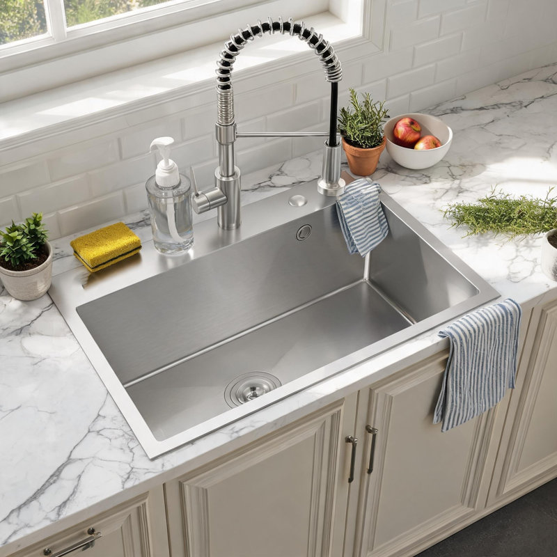 27 inch x 19 inch Dark Gray Stainless Steel Single Bowl Overmount Kitchen Sink with US Standard Drain and Hook
