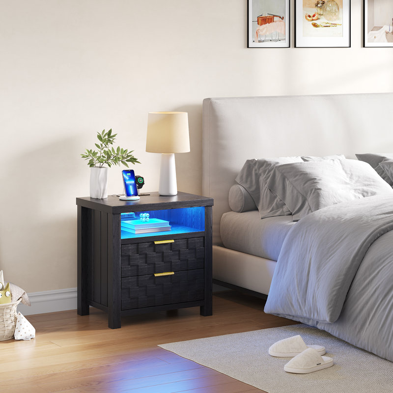 25.6“W 2 - Drawers Nightstand with Built-In Outlets and Lights, Black