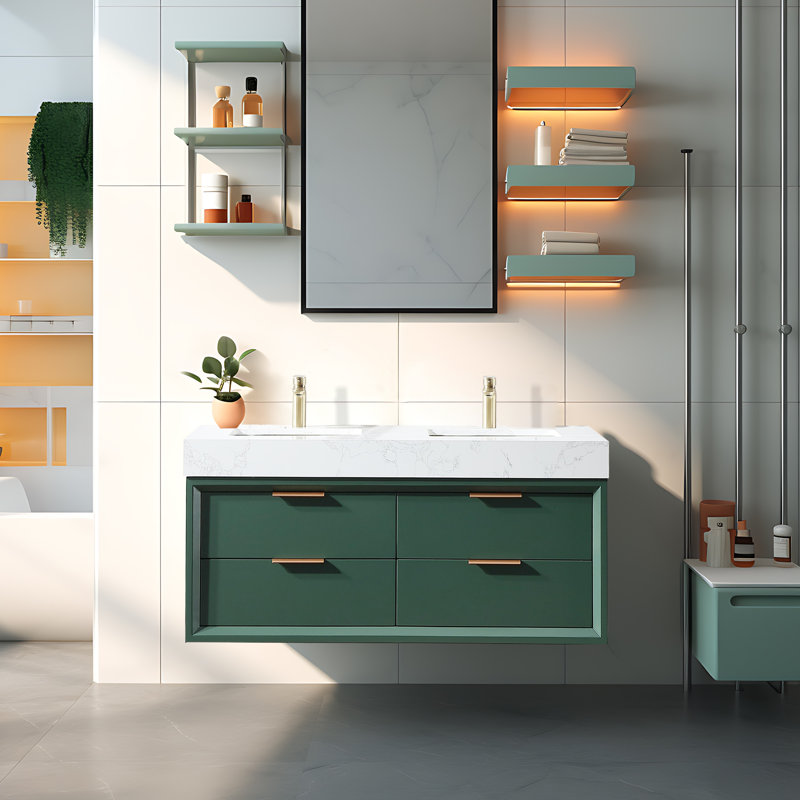 Ensemble de meuble-lavabo mural encastré 48 po à double cuve flottante, armoire en bois massif avec dessus en pierre reconstituée, veilleuse à DEL intégrée, 4 tiroirs à queue d'aronde à fermeture en douceur, pré-assemblé