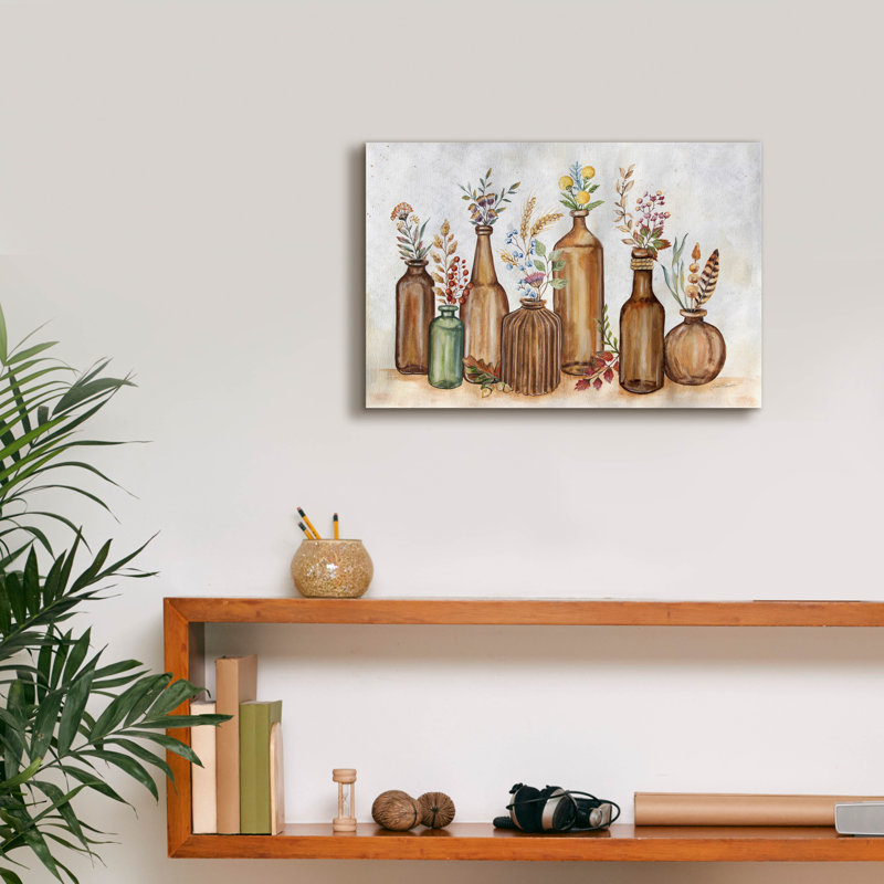 «Fall Brown Bottles A» par Jean Plout, art mural sur toile, H 12 po x l 18 po x P 0,75 po