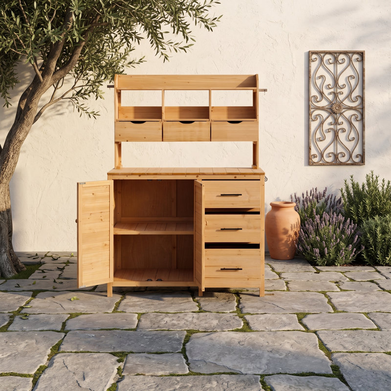 Banc de rempotage extérieur avec 6 tiroirs, armoire à tablettes réglables, crochets latéraux et plan de travail spacieux pour le jardin