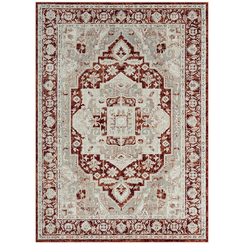 Tapis ivoire / rouge Amareona, Rectangle 6 pi 6 po x 9 pi 2 po