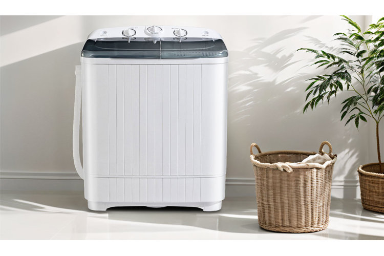 white sleek portable washer next to floor plant and woven basket