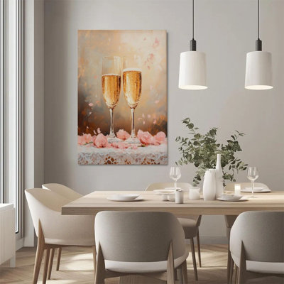 2D Flat, 1Pc Framed Canvas Wall Art, Champagne Glass, Rose Petals, Impressionist Still Life Art Print Canvas Poster Painting Room Wall Decor, Ideal Gi