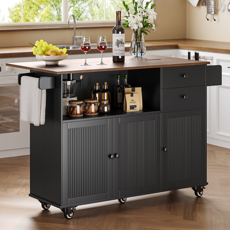 Rolling Kitchen Island With Drop-leaf Table And Locking Wheels, Combination Storage Drawers And Cabinet, Space-saving Center For Small Kitchens, Minimalist Design