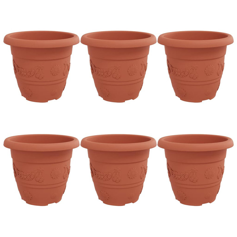 Round Flower Pot 6 Pcs Plastic, 25cm H x 30cm W x 30cm D, Brick Red