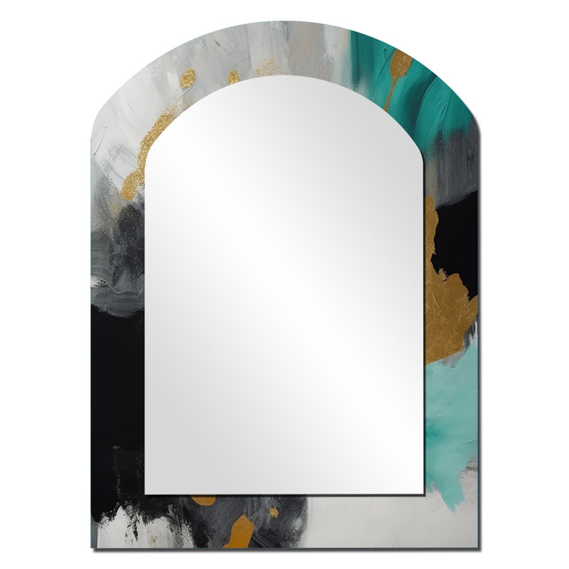Pleine lune bonheur or et turquoise abstrait V - peinture abstraite grand miroir mural, miroir unique asymétrique moderne, impression sur métal