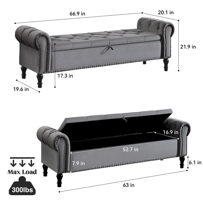 Banc de rangement rembourré 66,9 po, Gris foncé