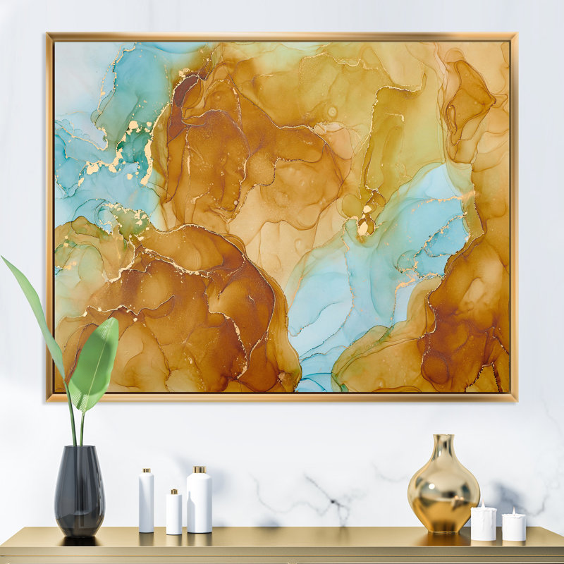 «Brown Luxury Abstract Fluid», peinture sur toile, H 34 po x l 44 po x P 1,5 po, Cadre flottant doré