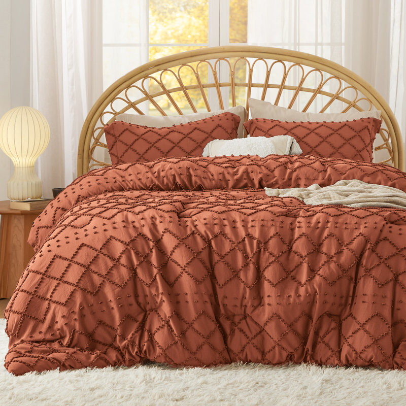 Ensemble d'édredon touffeté toutes saisons (ensemble de 3), Terre cuite, Édredon pour très grand lit + 2 taies décorativ