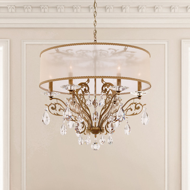 Filigrae 6 Light 24in x 22in Chandelier with White Fabric Shade in Antique Silver with Clear Heritage Handcut Crystals, White
