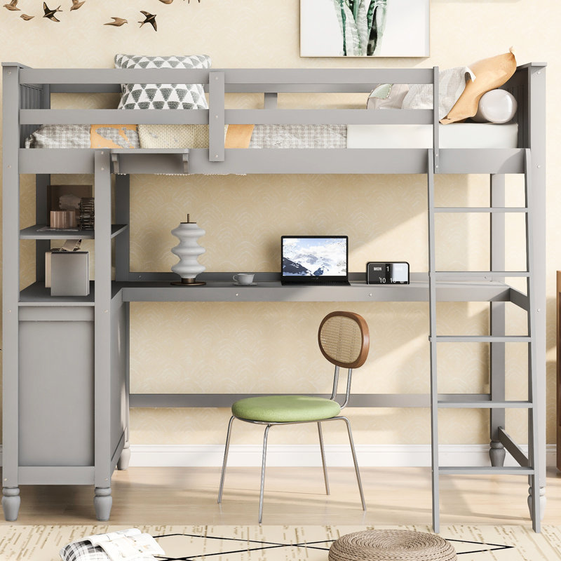 Lit mezzanine simple en bois massif gris avec tablettes et bureau pour une utilisation pratique, Gris