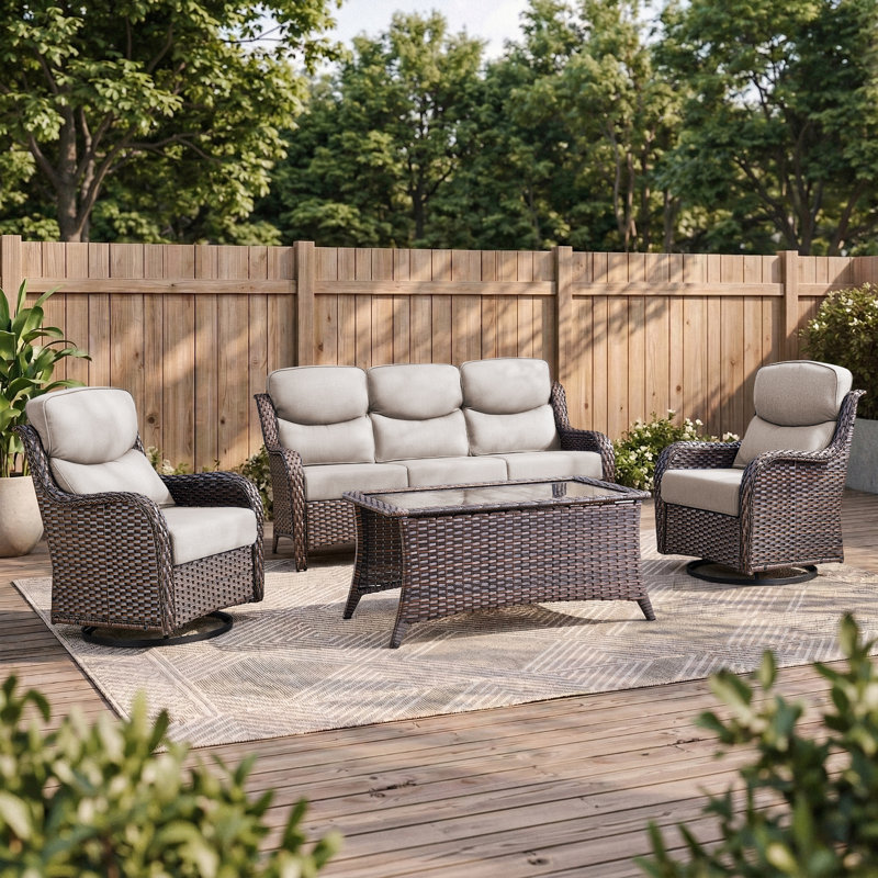 Ensemble de canapé d'extérieur en osier 4 pièces avec table basse et chaises pivotantes 4 pièces, Beige Cushion/Brown Frame