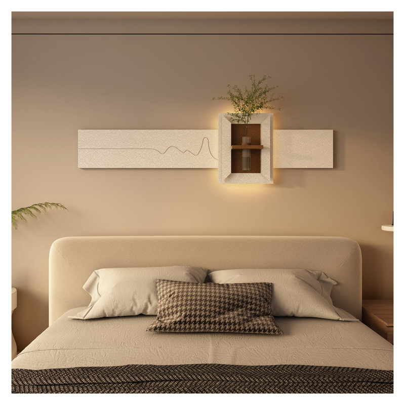 Décoration murale réglable en grès à 3 couleurs DEL avec plantes simulées - Sculpture d'art 3D, vase en verre et lumière télécommandée pour le salon, la chambre à coucher, le couloir