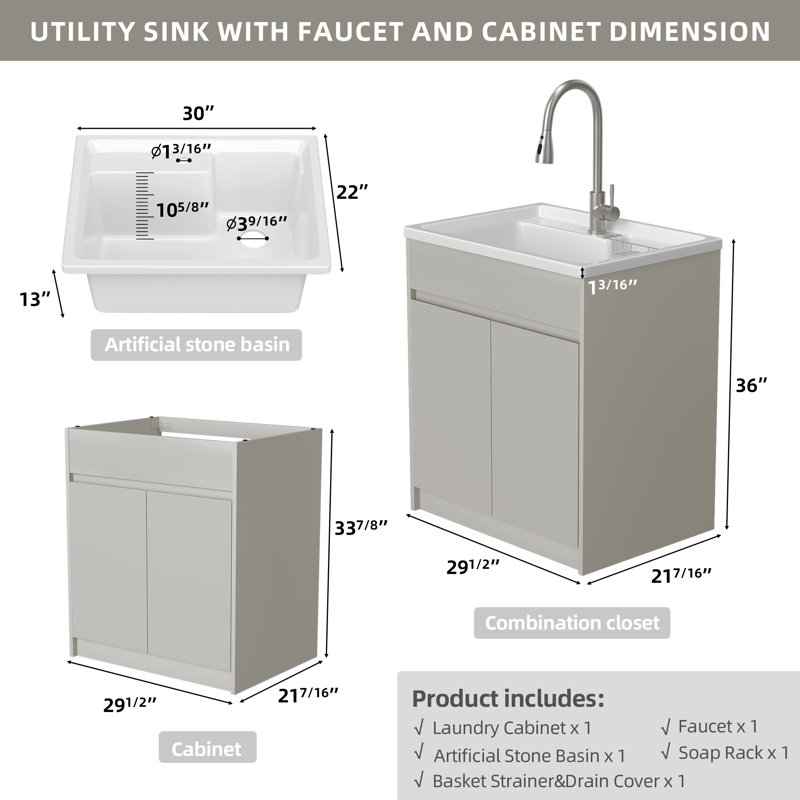 Freestanding 30'' Light Grey Laundry Sink Cabinet with Hot & Cold Water Faucet Drop-in Solid Surface Utility Sink