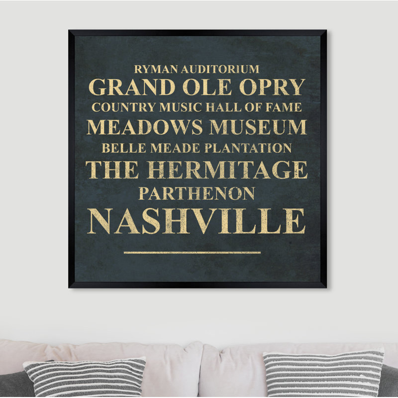 Repères de nashville-impression d’art textuel, H 22 po x l 22 po x P 1,2 po, Papier avec cadre noir