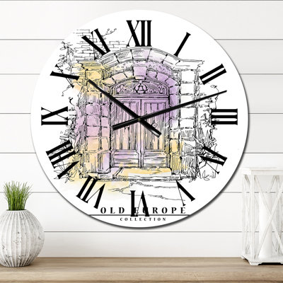 Porte mauve et jaune d'une vieille maison - horloge murale rétro